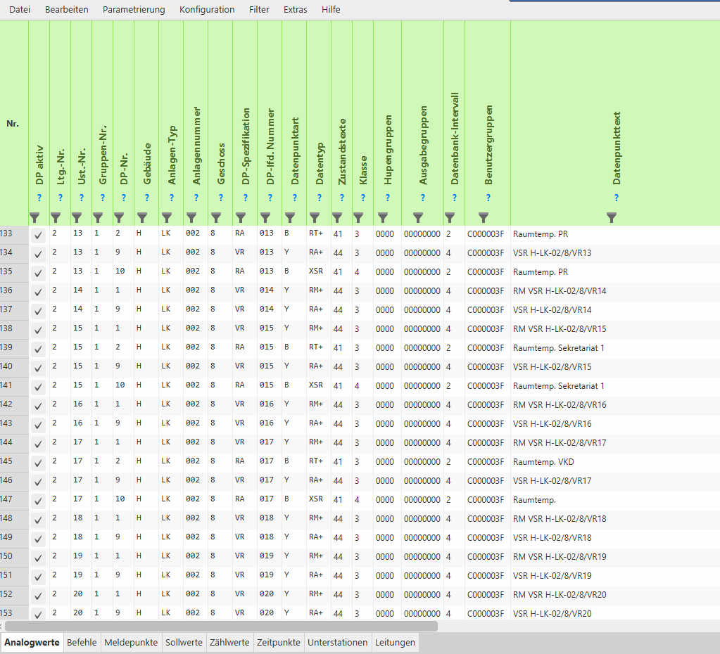 Tabelle zur Parametrierung von Datenpunkten in GA-Leit
